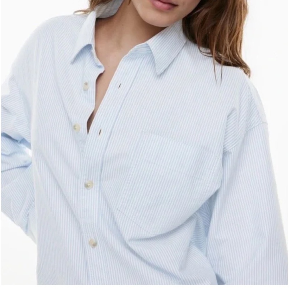 Aritzia Denim Forum 80s comfy denim shirt in
indigo pinstripe